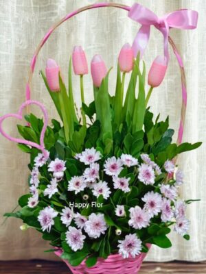 Canasta de Tulipanes rosados. 🩷