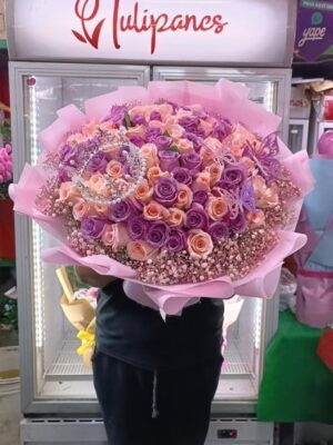 Buchón de 100 rosas lilas y rosadas con corona🩷💜 👑