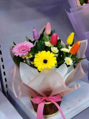 Cesto con 5 Tulipanes en colores variados